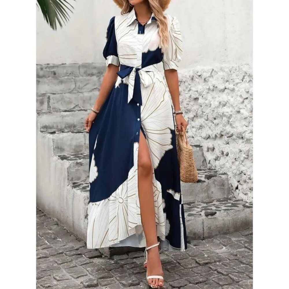 Trendsi Elegant Floral Print Maxi Dress with Belt and Button Detail Women White